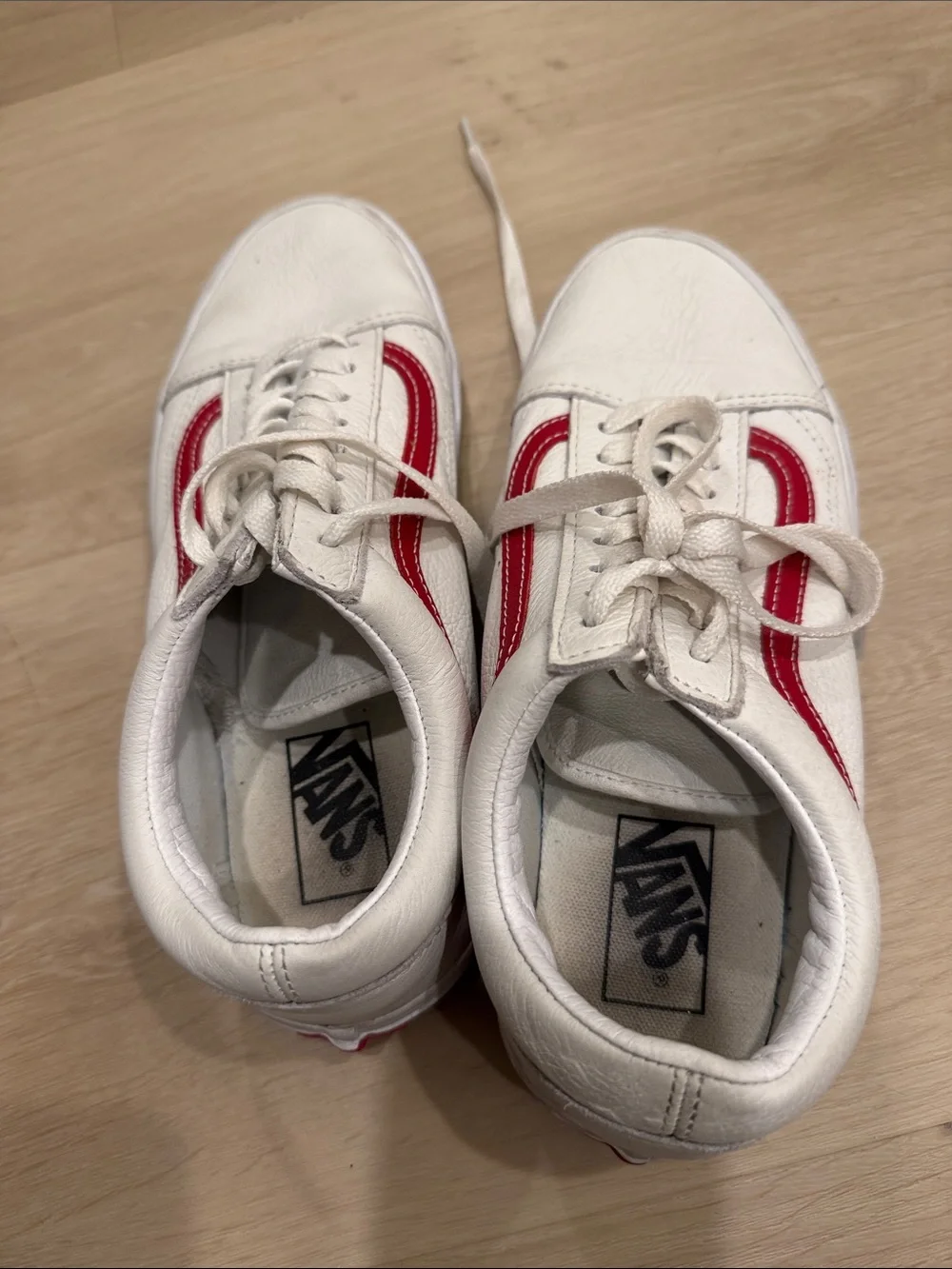 Vans White Sneakers with Red Side Stripe